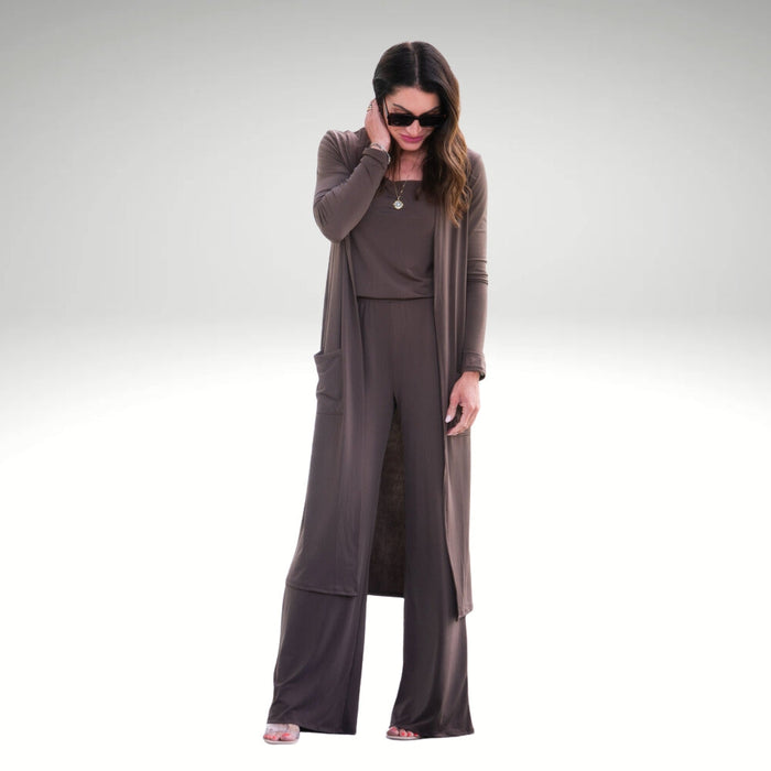 Three Piece Ribbed Knit Cardigan And Pants Set