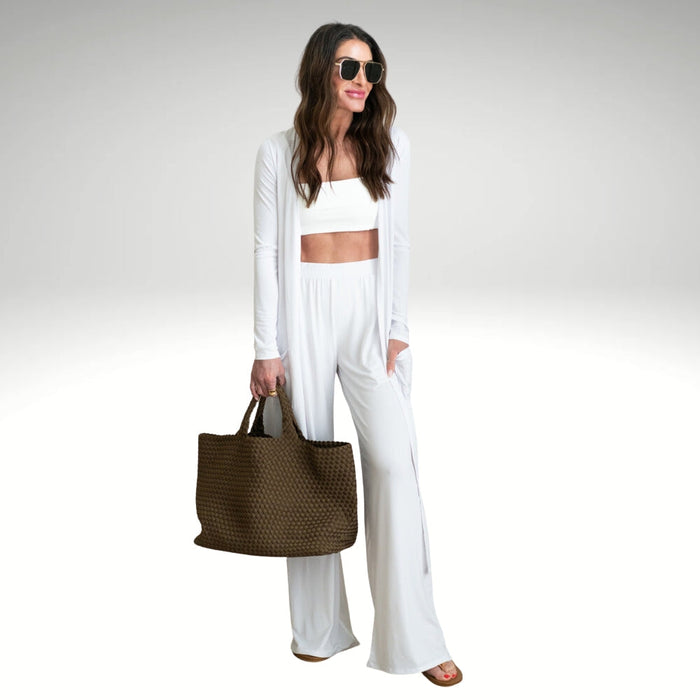 Three Piece Ribbed Knit Cardigan And Pants Set