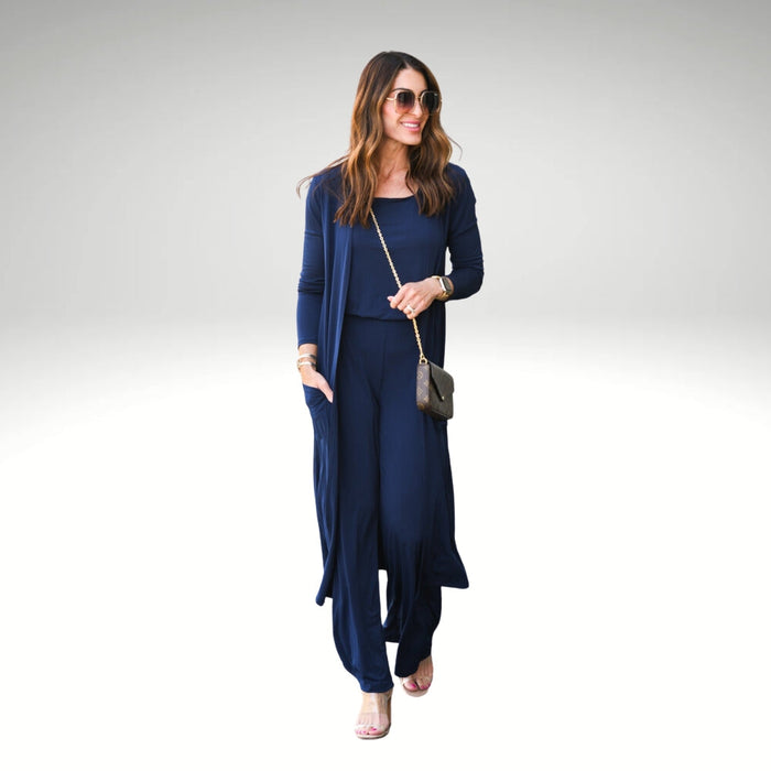 Three Piece Ribbed Knit Cardigan And Pants Set