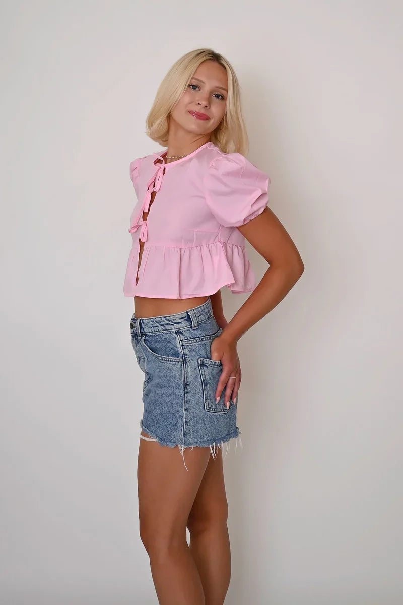 Tie Front Cropped Top With Ruffled Details