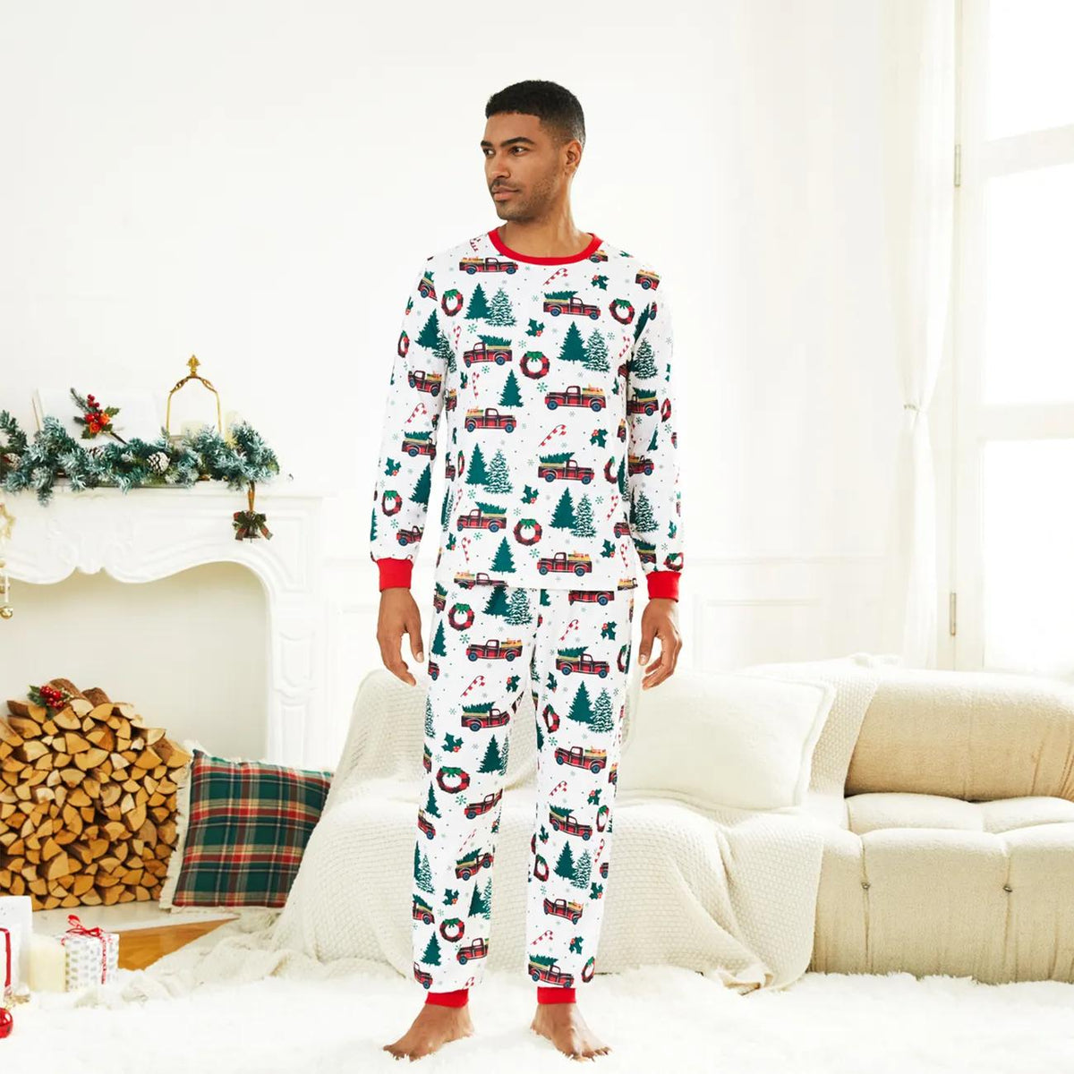 Matching Christmas Tree And Car Print Long Sleeved Pajama Set