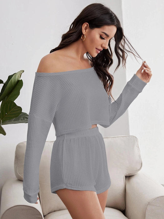 Boat Neck Drop Shoulder Waffle Knit Lounge Set