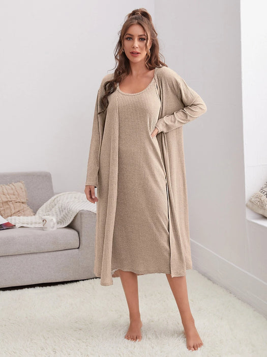 2 Pack Rib-Knit Cami Dress And Robe Lounge Set