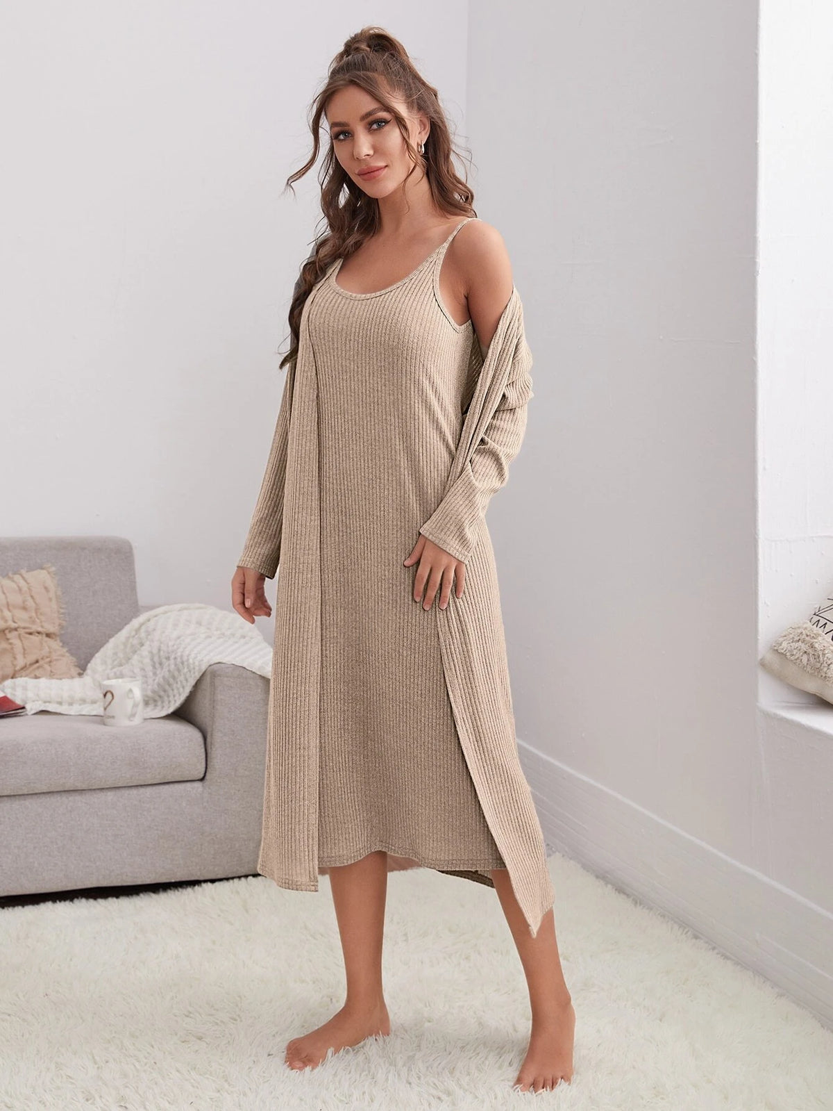 2 Pack Rib-Knit Cami Dress And Robe Lounge Set