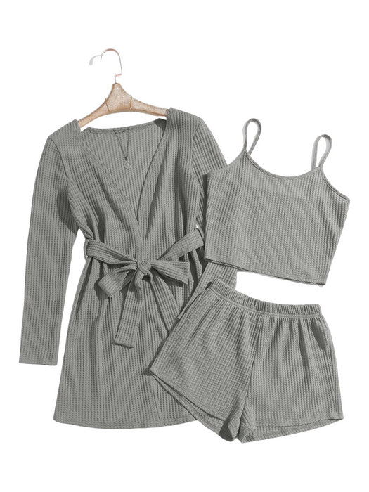 3 Pieces Waffle Knit Belted Lounge Set