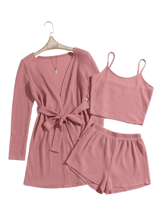 3 Pieces Waffle Knit Belted Lounge Set