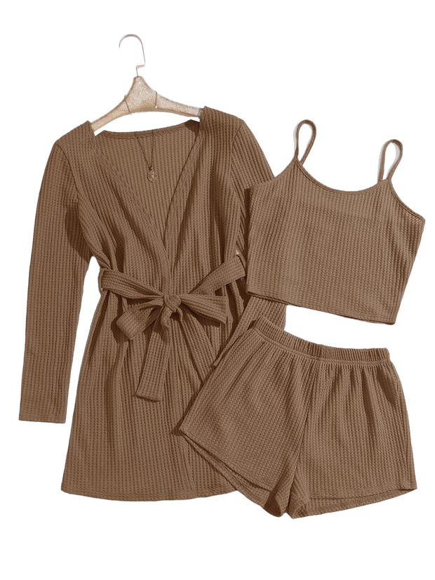 3 Pieces Waffle Knit Belted Lounge Set