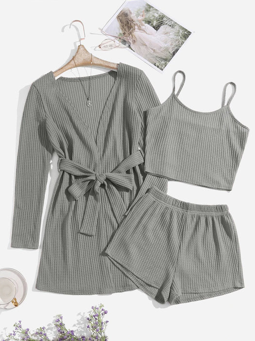 3 Pieces Waffle Knit Belted Lounge Set