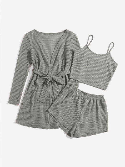 3 Pieces Waffle Knit Belted Lounge Set