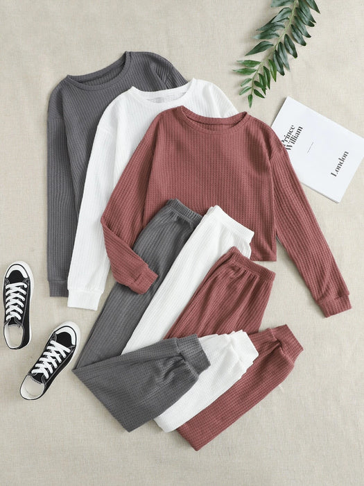 Solid Knit Top And Pants Lounge Set