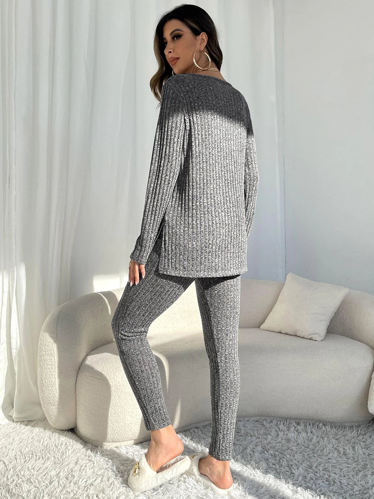 Knit Split Hem Top And Leggings Lounge Set