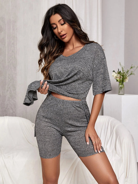 Drop Shoulder Slit Hem Lounge Set