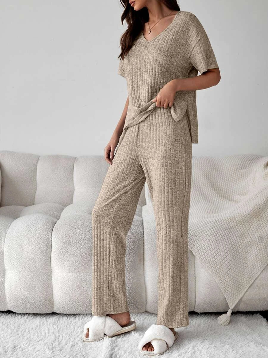 Drop Shoulder Split High Low Hem Lounge Set