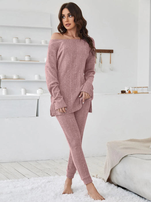 Shoulder Split Hem Tee And Pants Lounge Set