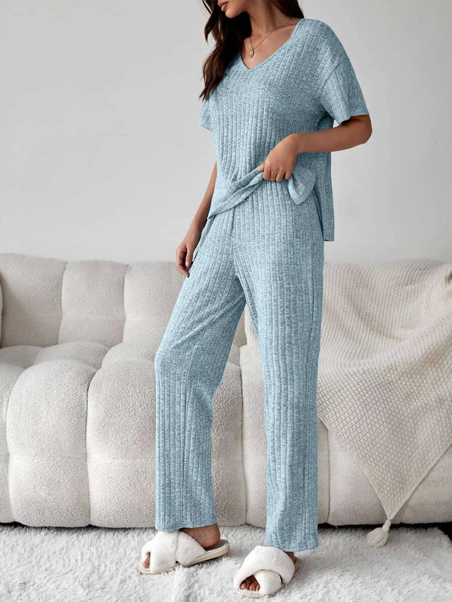 Drop Shoulder Split High Low Hem Lounge Set