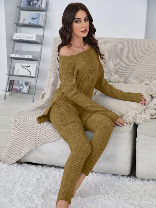 Shoulder Split Hem Tee And Pants Lounge Set