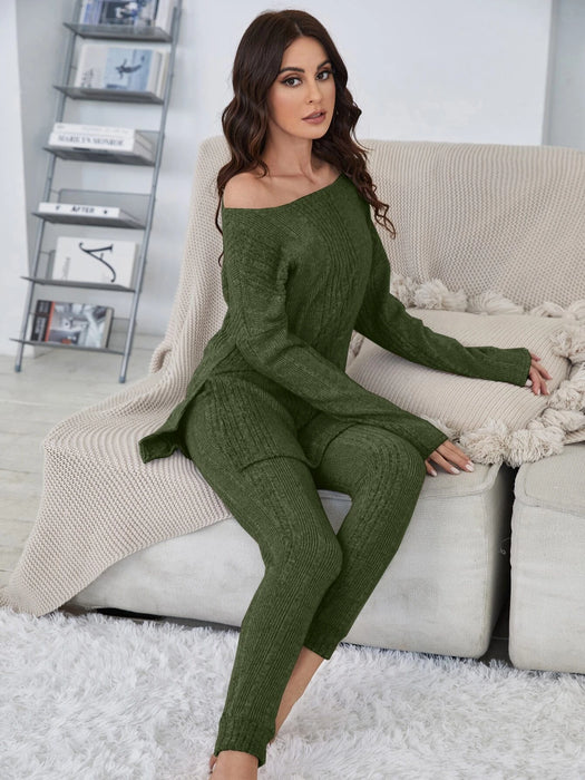 Shoulder Split Hem Tee And Pants Lounge Set