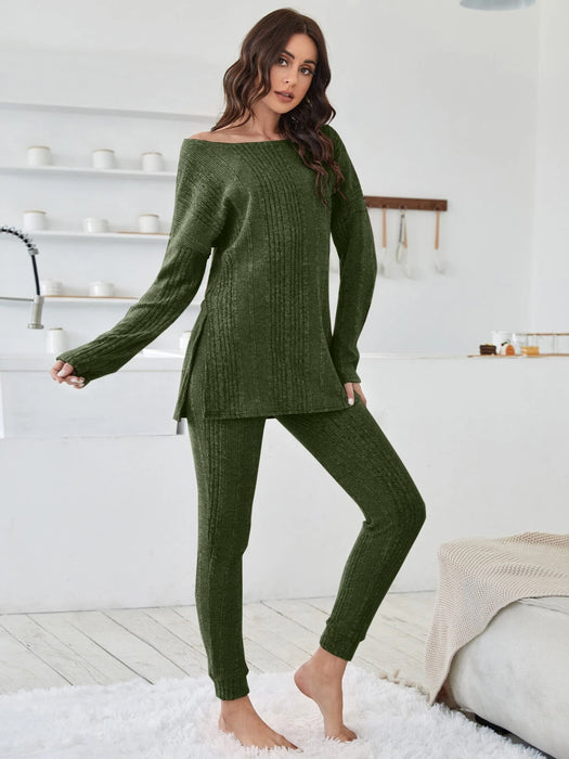 Shoulder Split Hem Tee And Pants Lounge Set