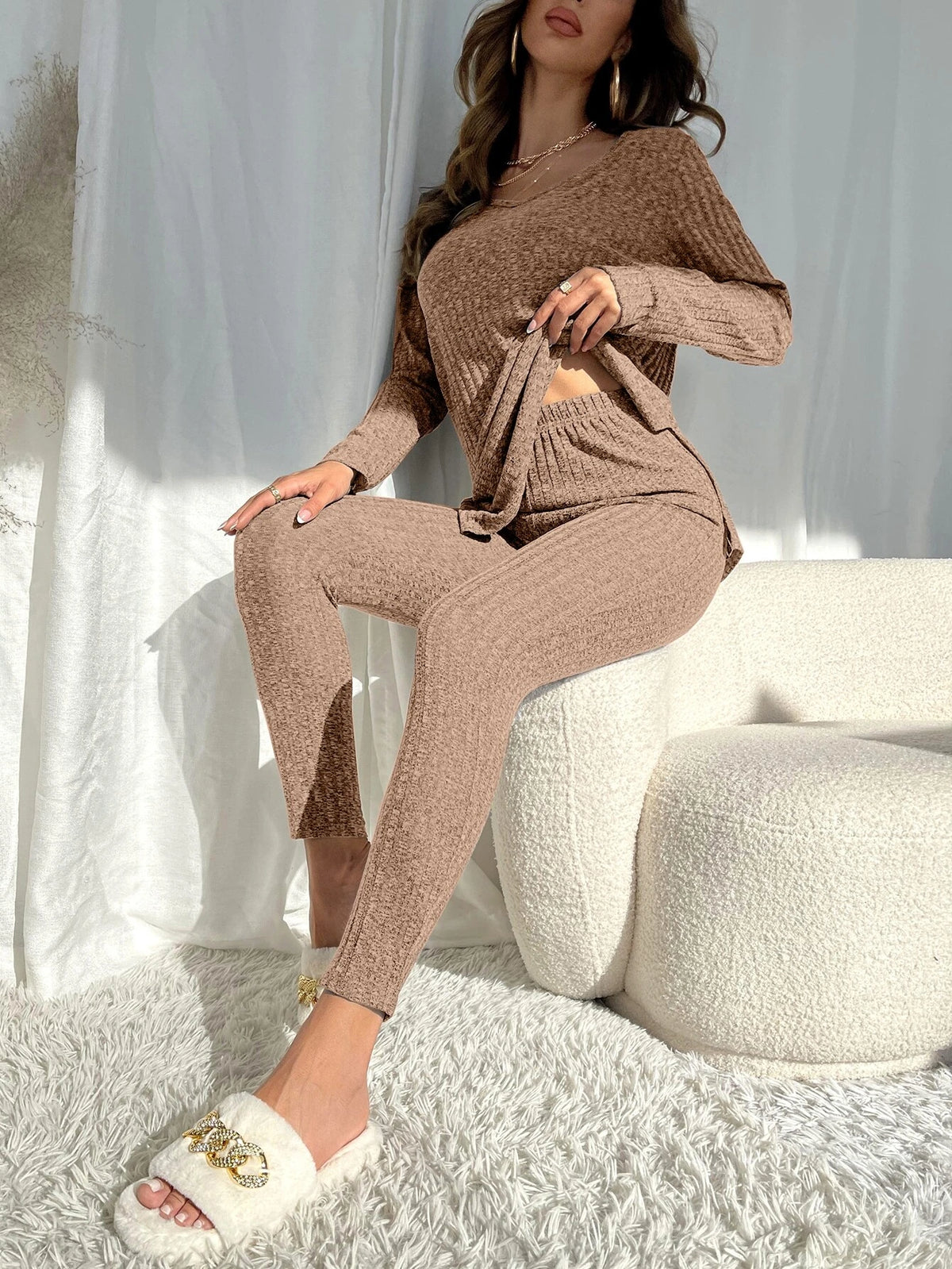 Knit Split Hem Top And Leggings Lounge Set