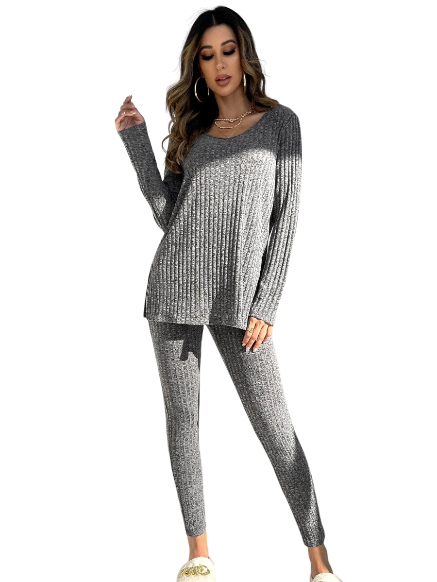 Knit Split Hem Top And Leggings Lounge Set