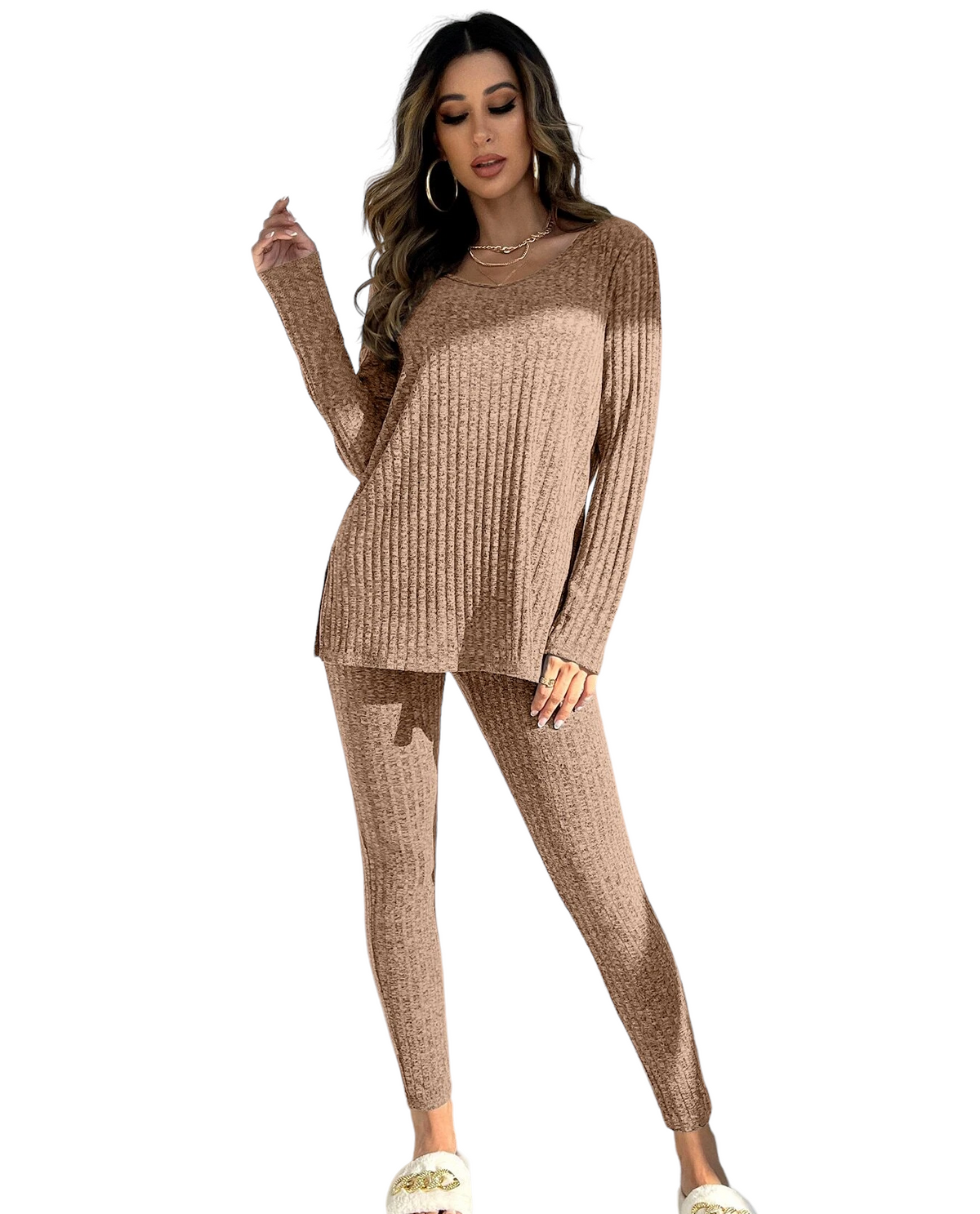 Knit Split Hem Top And Leggings Lounge Set