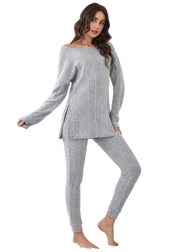 Shoulder Split Hem Tee And Pants Lounge Set